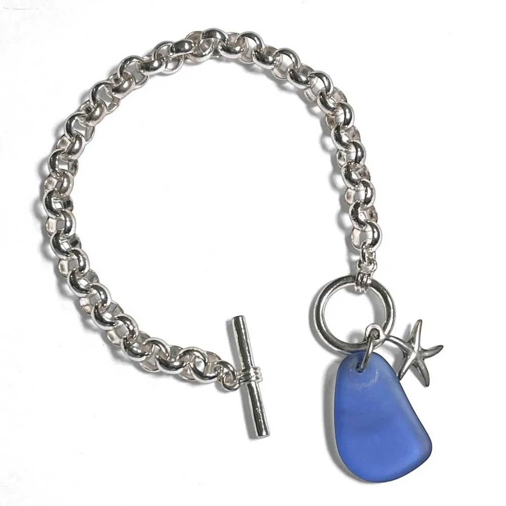 Blue Sea Glass Starfish Bracelet Silver Plated Rolo Chain Toggle Clasp 8